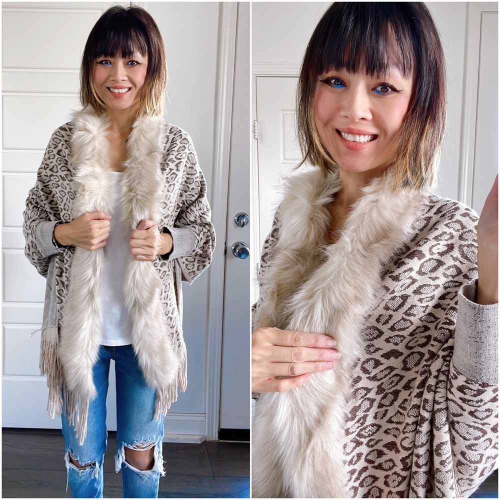 Cozy vegan fur leopard print tassel poncho cardigan